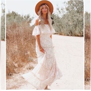 New White Off-the-shoulder Ruffled Lace Maxi Dress